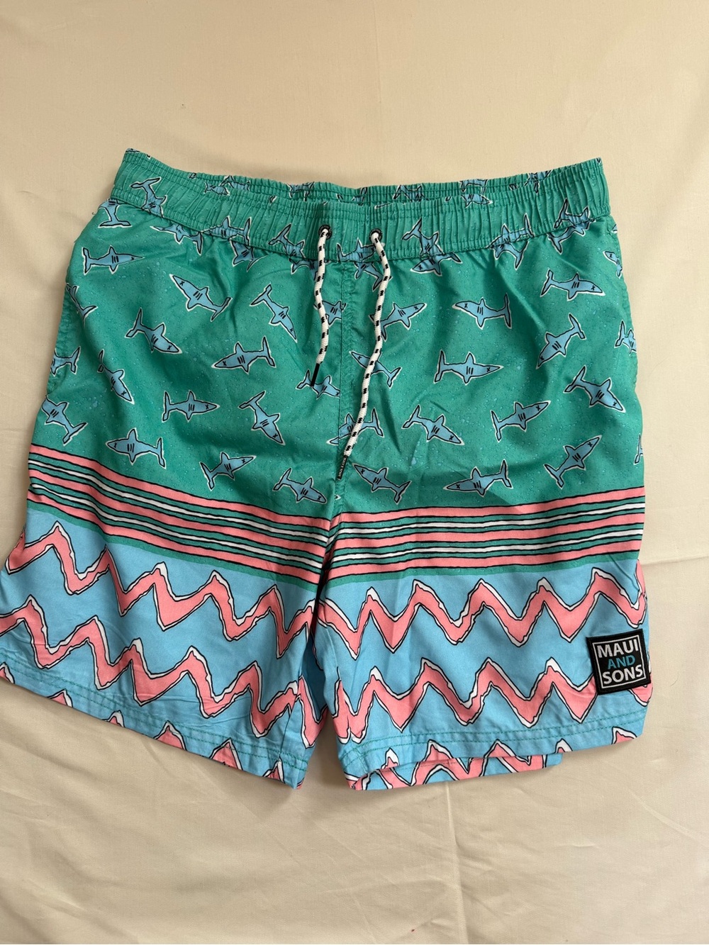 Maui and Sons Teal Shark & Pink Wave Hybrid Shorts Size Large